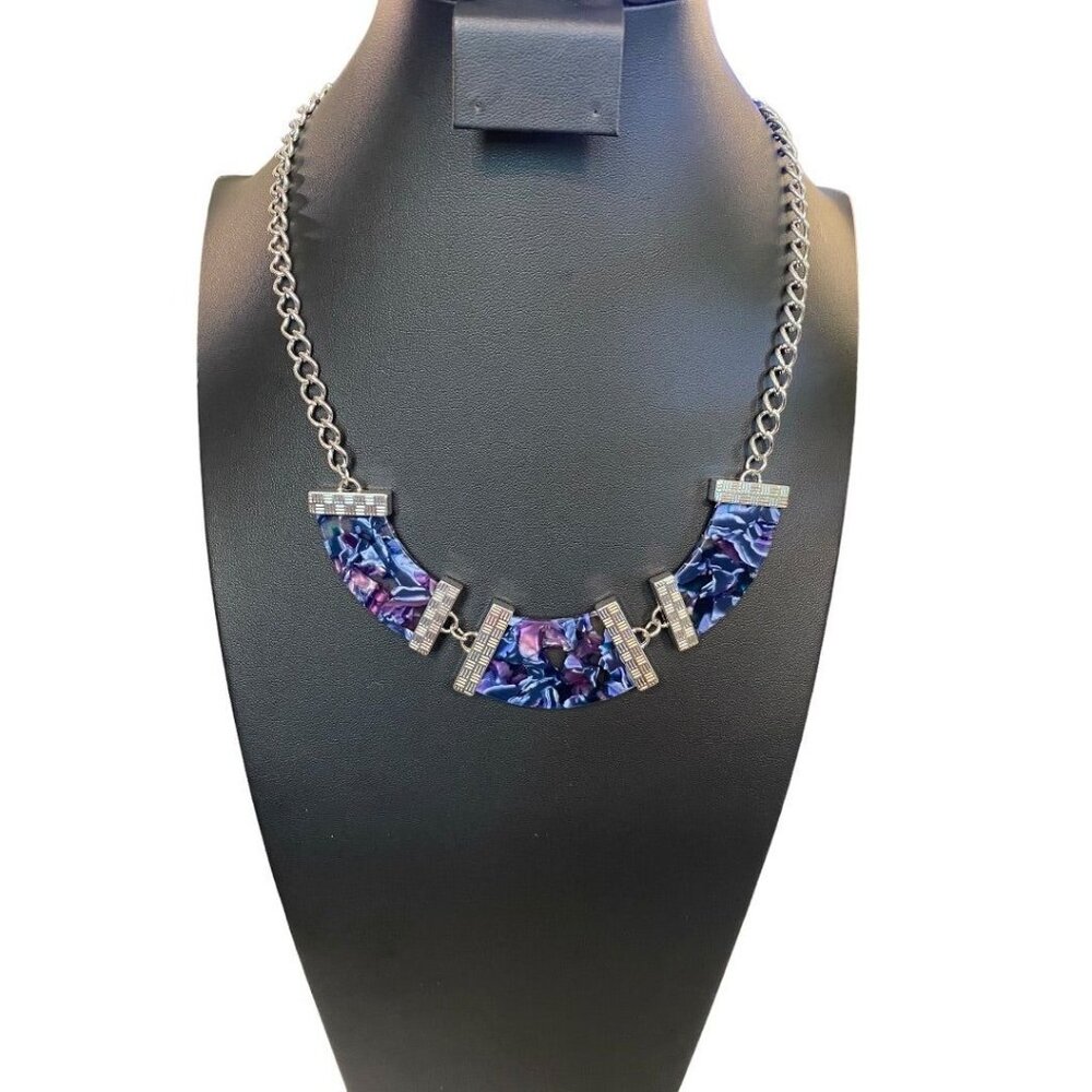 Silvertone‎ Blue Purple 21" Statement Necklace Acrylic Swirl Lays Flat